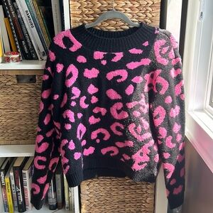 Line & Dot Civet Crewneck Sweater in Black & Pink Leopard Print